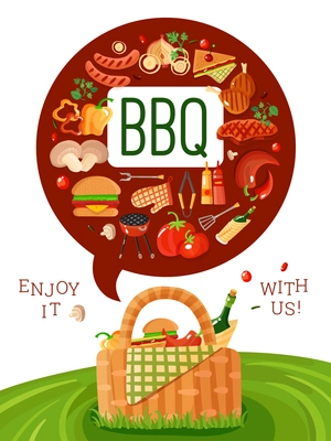 BBQ picnic invitation flat poster with barbecue accessories icons and basket on fresh green lawn  vector illustration