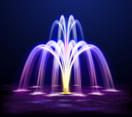 Modern lit night fountain illuminated yellow and purple color on dark background realistic vector illustration