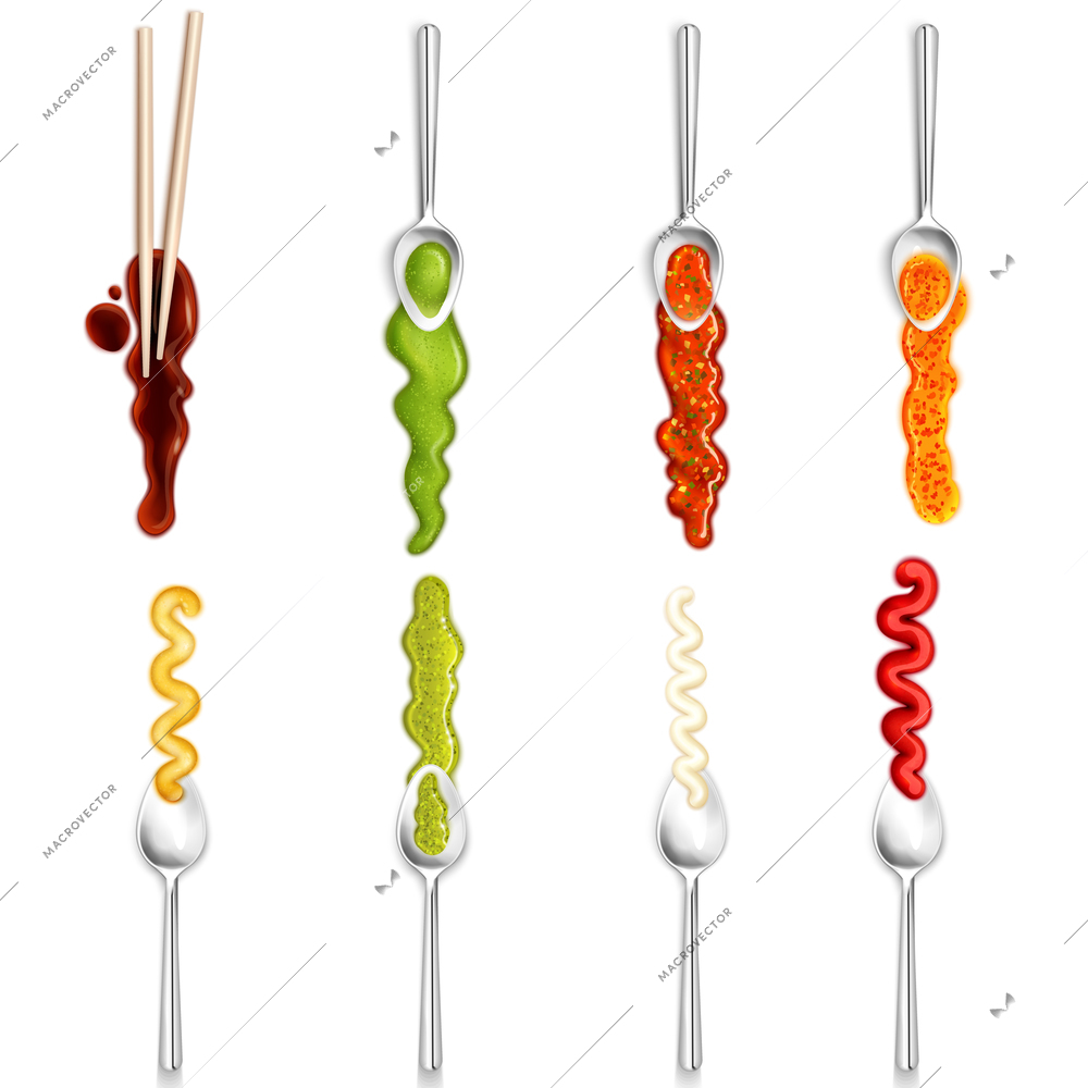 Colorful gourmet collection of isolated icons depicting different sauce with spoon and chopsticks in realistic style vector illustration