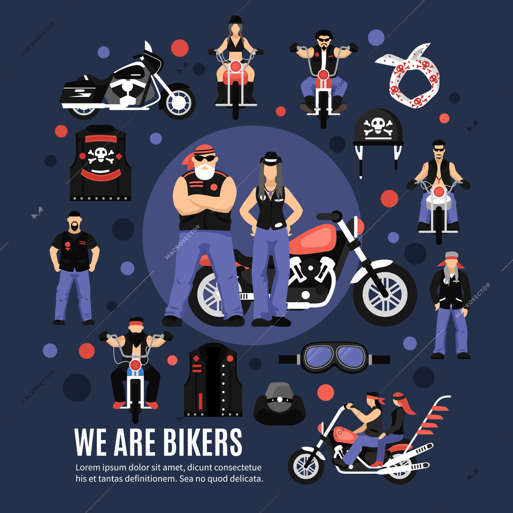 Bikers icons set with men women and equipment flat vector illustration