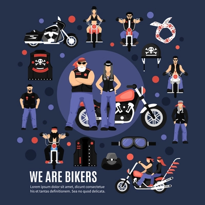 Bikers icons set with men women and equipment flat vector illustration