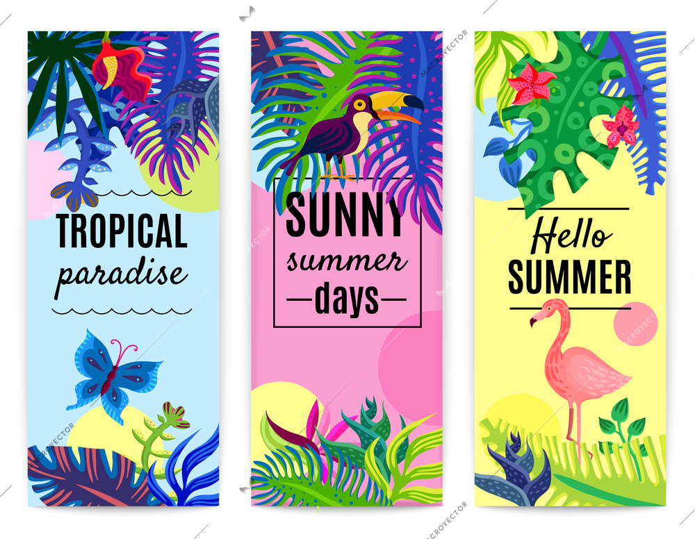 Tropical paradise summer vacation 3 vertical colorful background banners set with plants flowers toucan flamingo isolated vector illustration