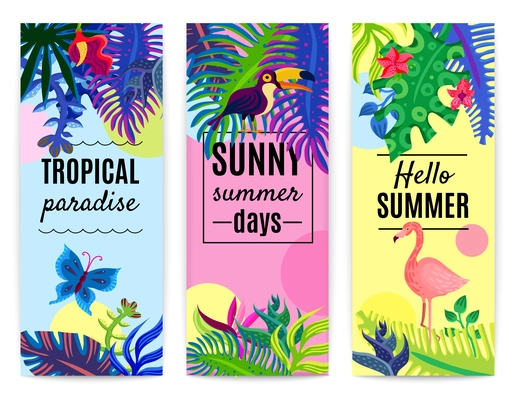 Tropical paradise summer vacation 3 vertical colorful background banners set with plants flowers toucan flamingo isolated vector illustration