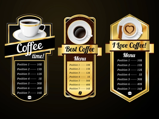 Coffee espresso cappuccino latte with milk froth cups labels set vector illustration