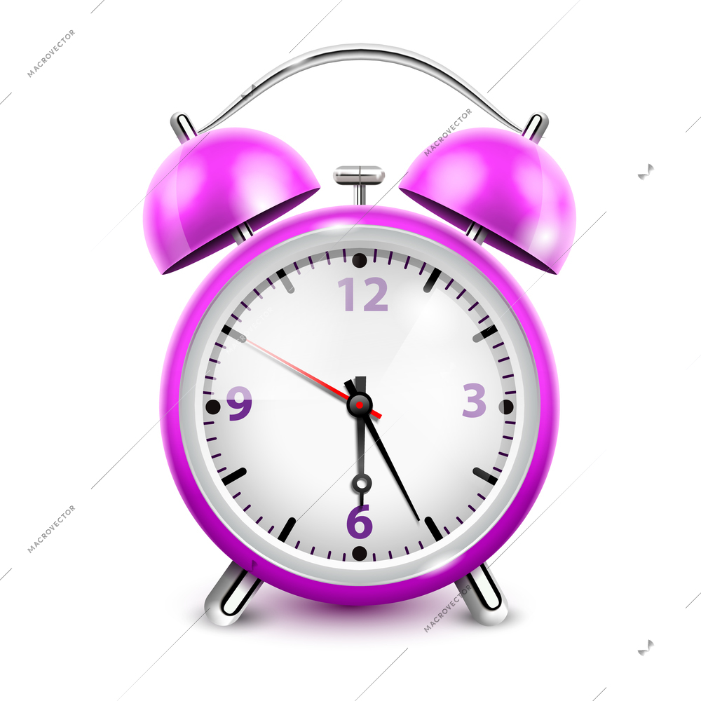 Purple alarm clock with two bells in retro style on white background realistic vector illustration