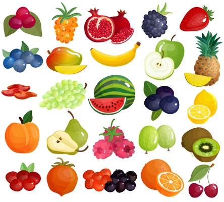 Fresh seasonal farmer market berries tropical and mediterranean delicious fruits colorful big icons collection isolated vector illustration