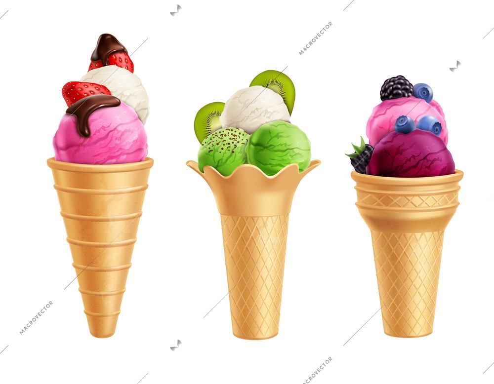 Realistic set of ice cream with fruits including strawberry, kiwi, blueberry in waffle cones isolated vector illustration