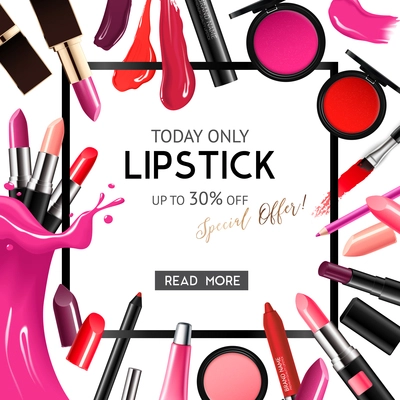 Lip care makeup products sale advertisement offer decorative background frame with realistic red shades lipsticks vector illustration