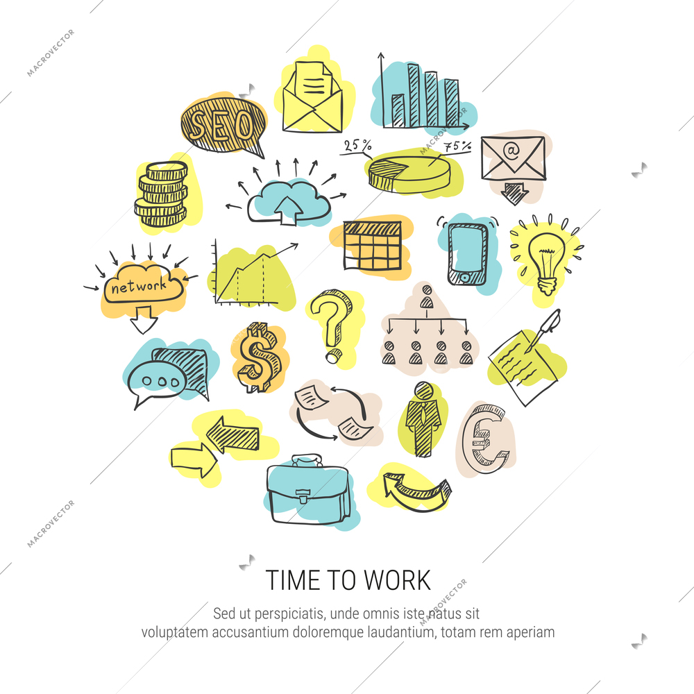 Time to work set of decorative hand drawn business icons in round shape isolated vector illustration