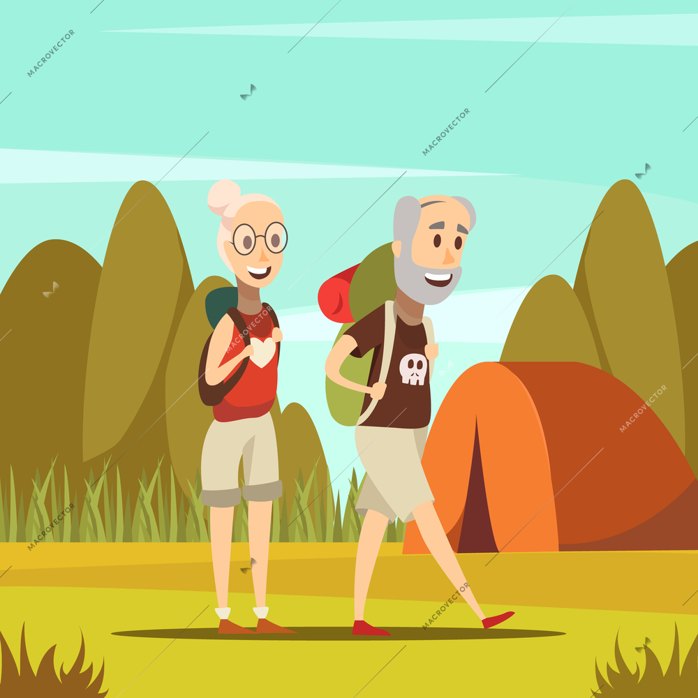 Elderly people background with tent and nature symbols cartoon vector illustration