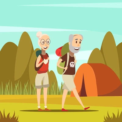 Elderly people background with tent and nature symbols cartoon vector illustration