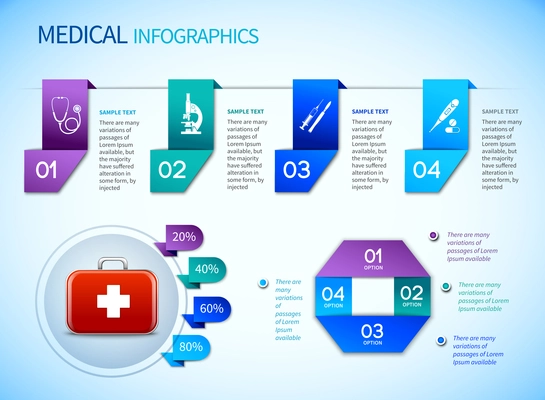 Origami infographics medical elements template with ribbon options and first aid kit vector illustration