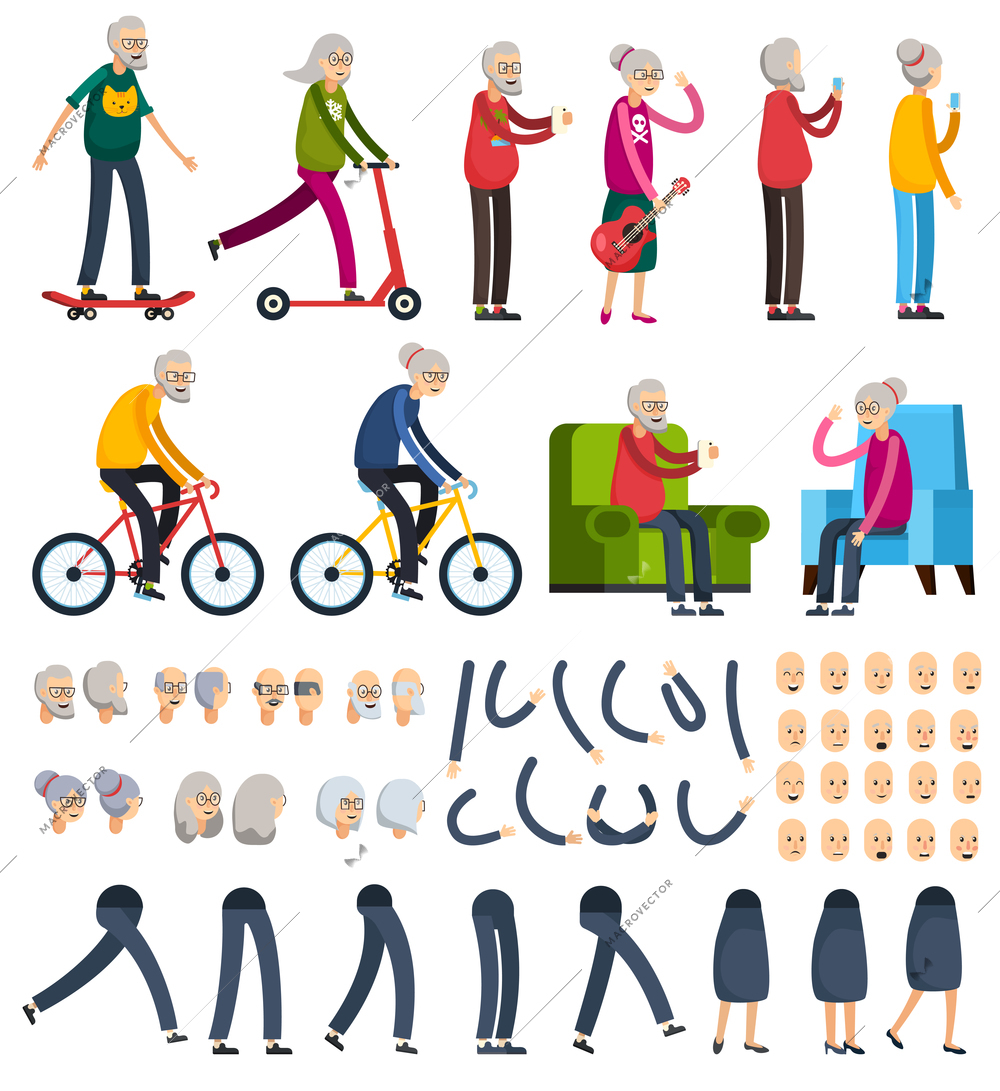 Aged elderly people man woman activities flat orthogonal constructor elements set with heads hands legs isolated vector illustration