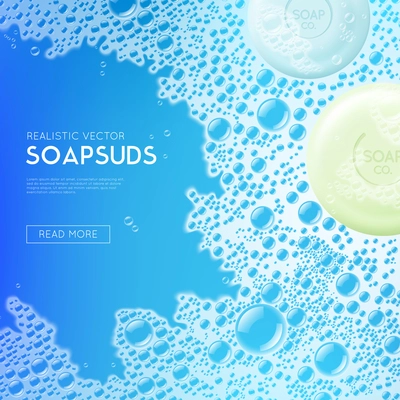 Sudsy blue water realistic background poster webpage design with round soap bars and read more button vector illustration