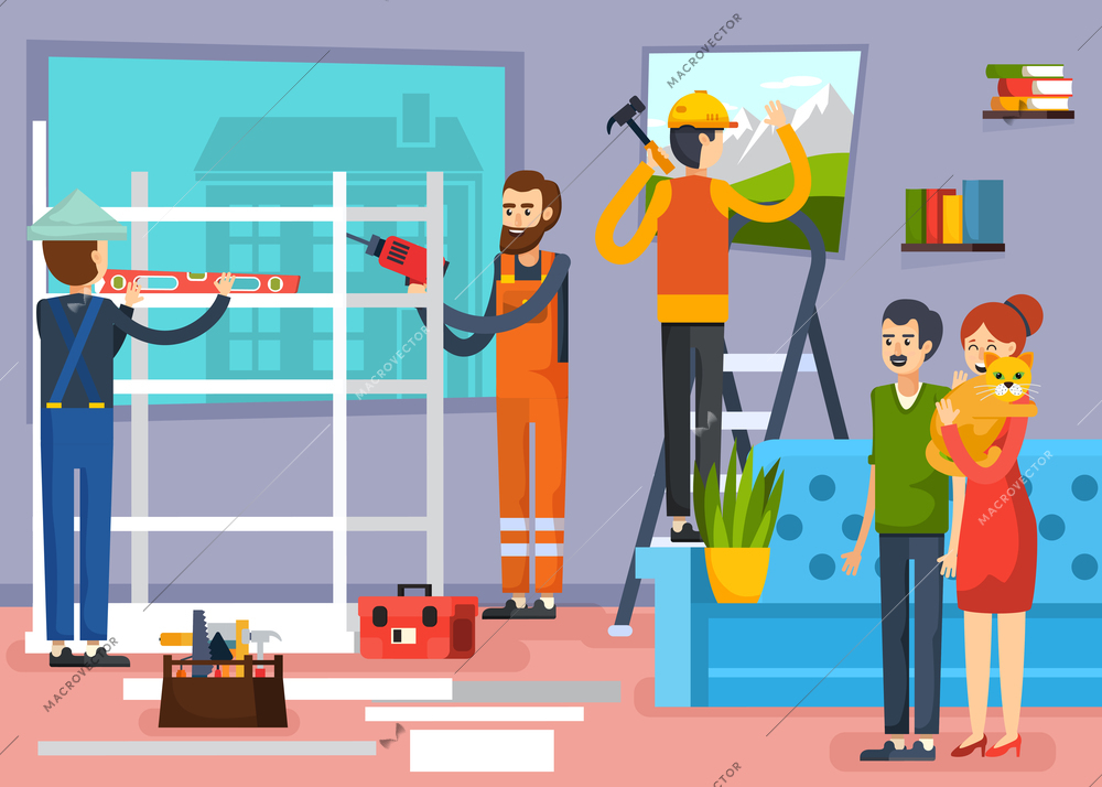 Urban home renovation flat composition poster with carpenters construction workers and apartment owners with pet vector illustration