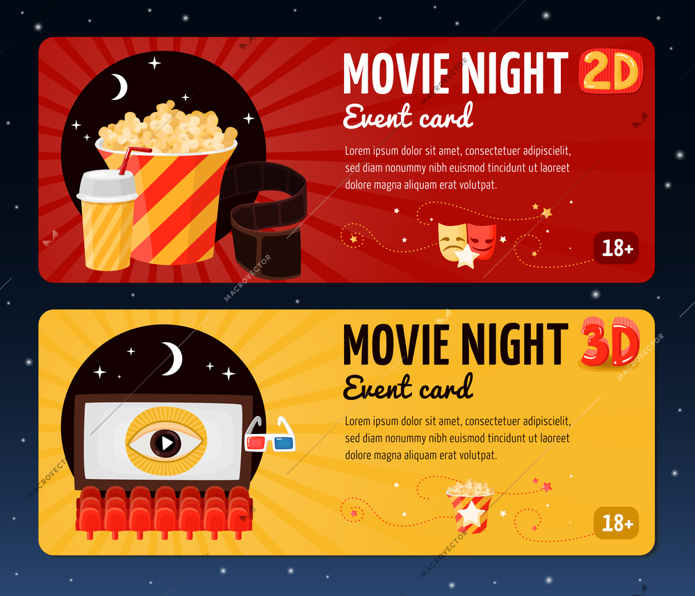 Movie horizontal banners presented cards for night cinema viewing event flat vector illustration