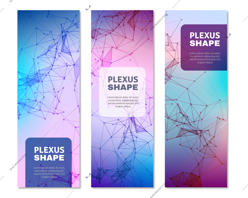 Geometric plexus pattern digital 3d shapes 3 vertical gradient color banners with text blocks isolated vector illustration