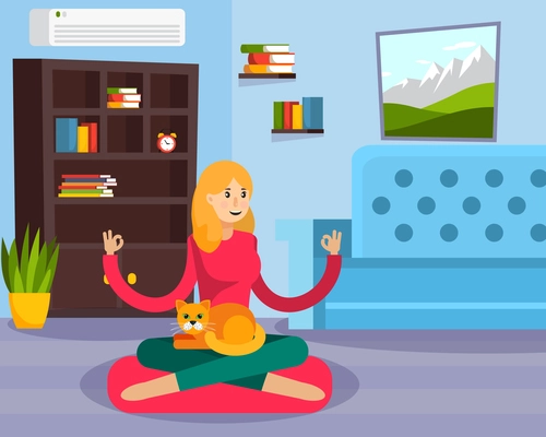 Colored flat fitness training people composition with young woman practicing yoga at home with red cat vector illustration