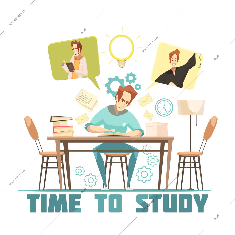 Student sitting at table, reading and thinking above book cartoon design concept on white background vector illustration