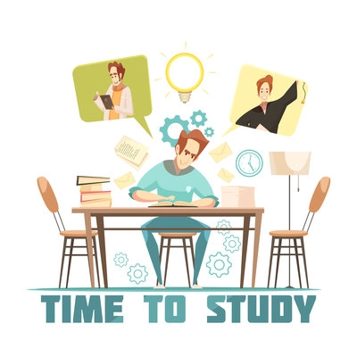 Student sitting at table, reading and thinking above book cartoon design concept on white background vector illustration