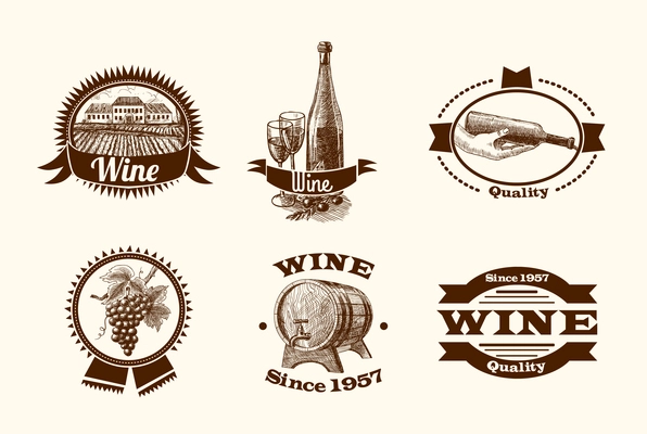 Wine vintage sketch decorative hand drawn labels set of barrel grape branch winery isolated vector illustration