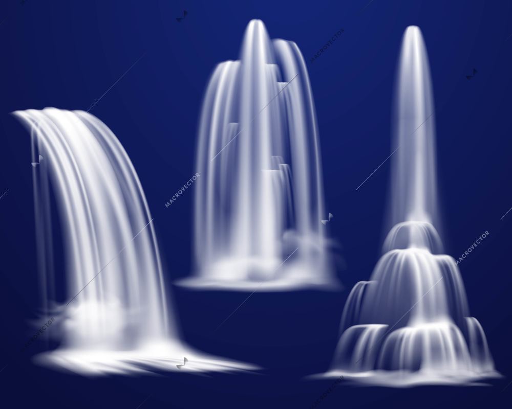 Set of realistic waterfalls of various shape and power on dark blue background isolated vector illustration