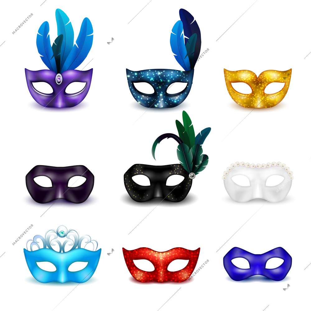 Colored isolated masquerade mask realistic icon set for carnival or theme party vector illustration