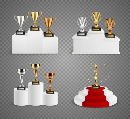 Set of trophies including cups and figurine on pedestals realistic design on transparent background isolated vector illustration