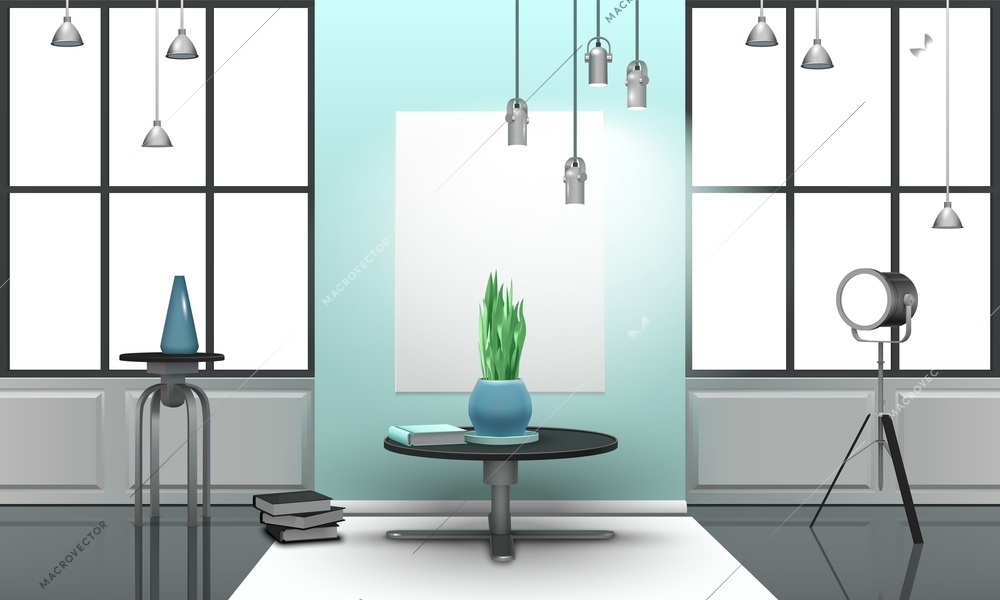 Realistic design loft interior in light tones with metal furniture, large windows with black frames vector illustration