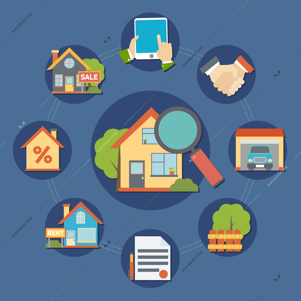 Real estate composition with searching a house symbols flat isolated vector illustration