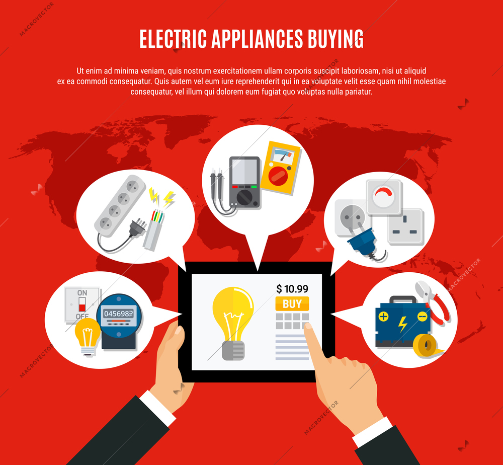 Electric appliances buying online composition with mobile device in hands, world map on red background vector illustration