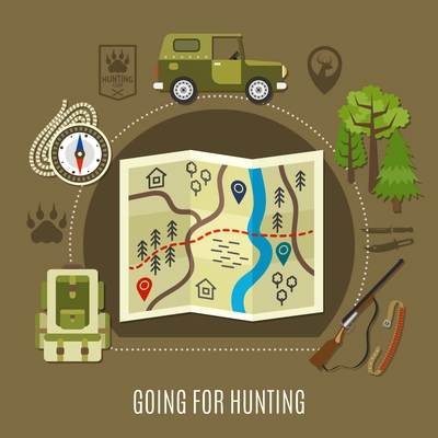 Going for hunting concept with car rifle and map flat vector illustration