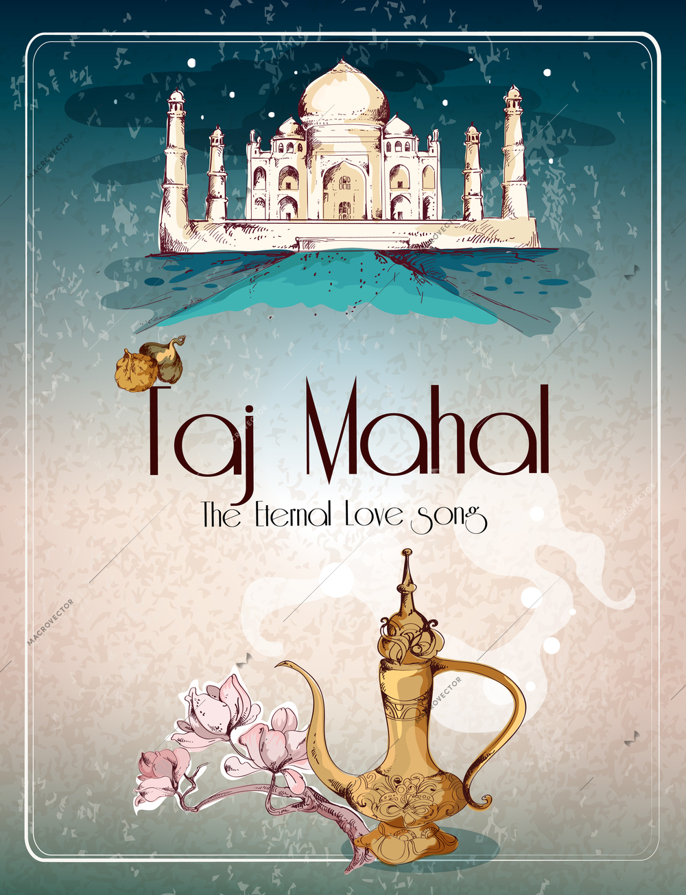 Taj mahal eternal love song retro poster with antique tea pot vector illustration