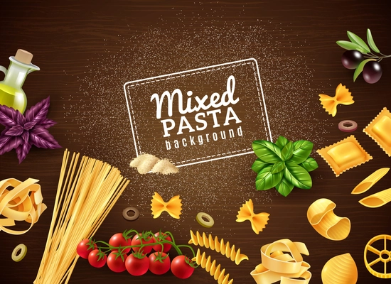 Realistic brown background with mixed kinds of pasta and various extra ingredients vector illustration