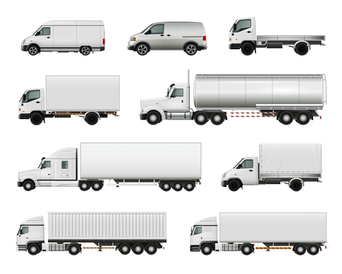 Set of realistic white cargo vehicles including heavy trucks with various trailers, lorries, vans isolated vector illustration