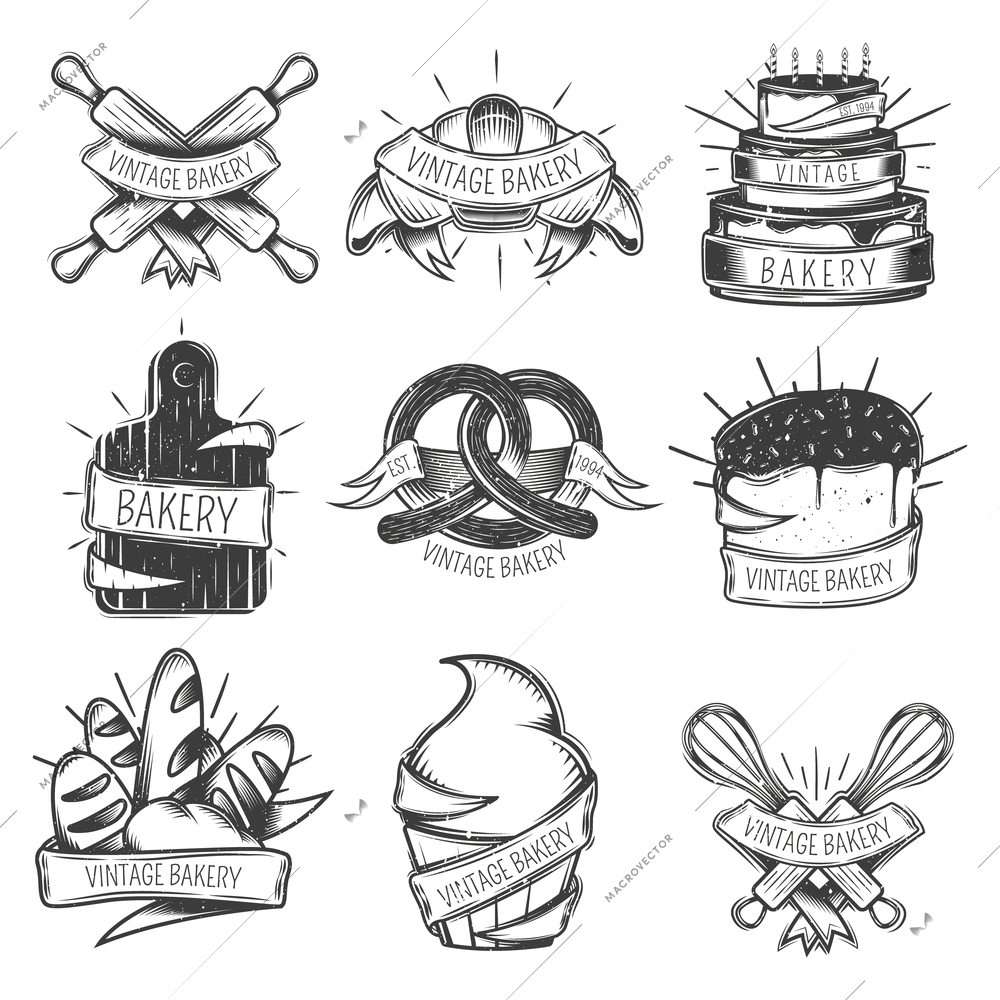 Black isolated vintage bakery icon set with ribbons and place for headlines vector illustration