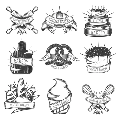 Black isolated vintage bakery icon set with ribbons and place for headlines vector illustration