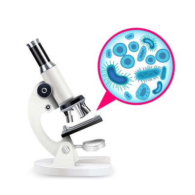 White realistic microscope composition with scientific instrument and multiply magnified cells vector illustration