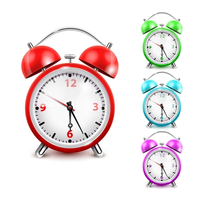 Colored alarm clock icon set the big one and three little on the right side vector illustration