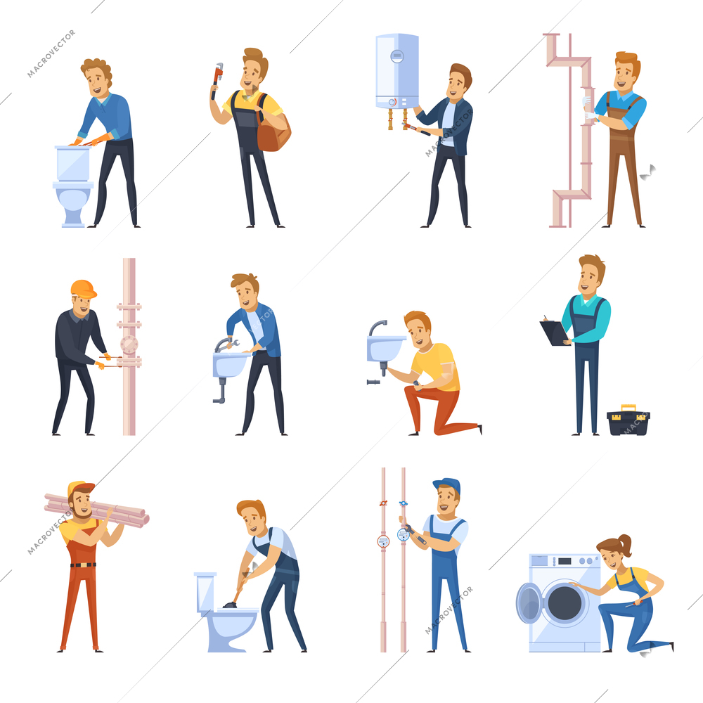 Flat color icons set of plumber male characters working with different sanitary equipment isolated vector illustration