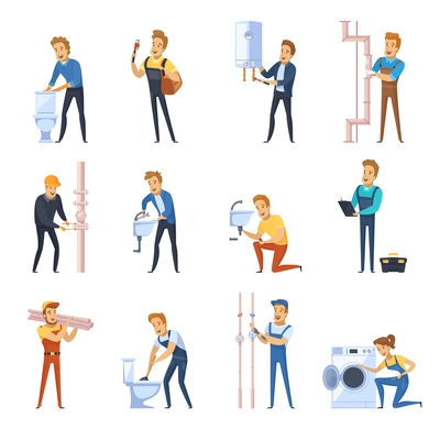 Flat color icons set of plumber male characters working with different sanitary equipment isolated vector illustration