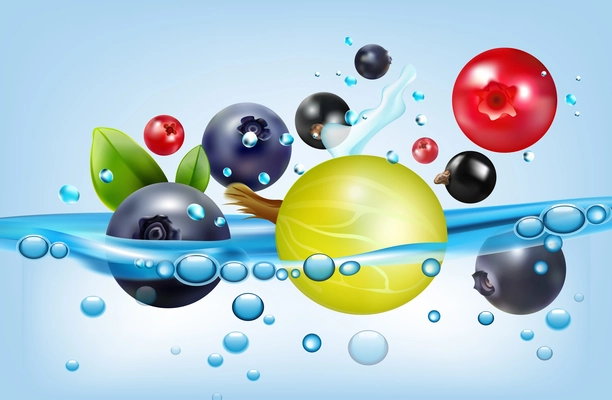 Colorful abstract poster with garden and forest berries swimming in water with bubbles realistic vector illustration