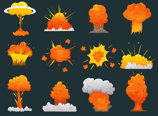 Retro cartoon explosion icon set with different types and sizes of explosions vector illustration