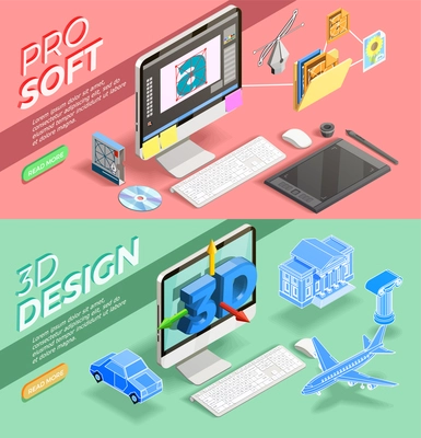 Graphic 3d design and various tools for work of designer horizontal isometric banners set isolated vector illustration