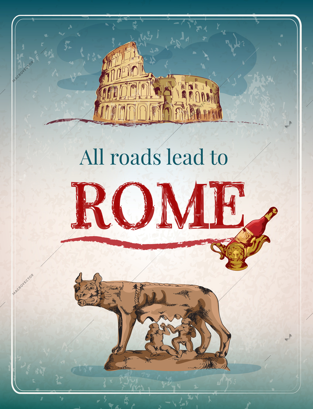 Rome city retro poster with colosseum wolf and wine bottle vector illustration