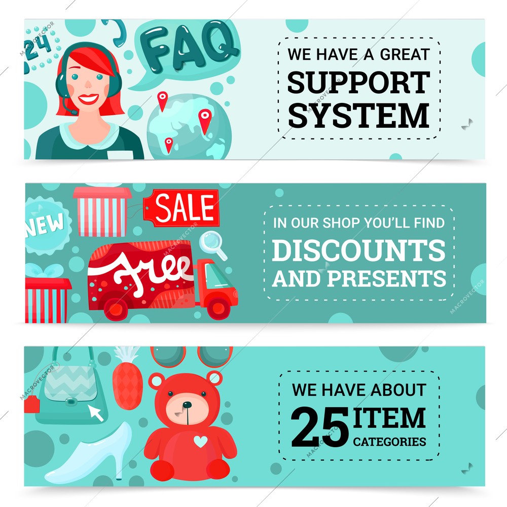 Online shopping horizontal banners collection with cartoon style images of goods gift boxes and support agent vector illustration
