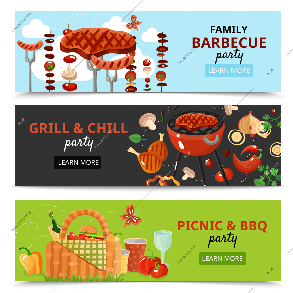 Bbq barbecue banners set with compositions of picnic and grill food images with read more button vector illustration