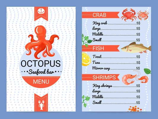 Octopus seafood restaurant bar menu card with crab fish shrimps dishes flat advertisement poster vector illustration