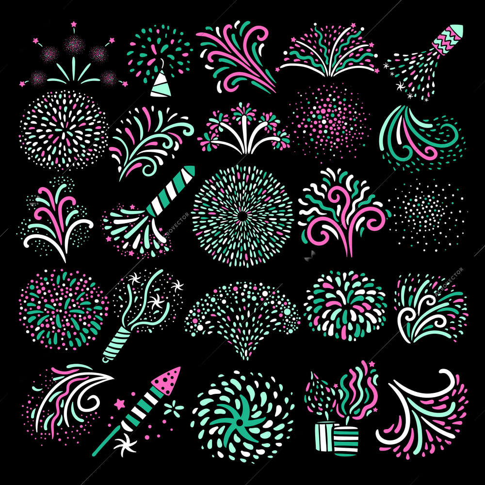 Modern festive colorful various types firework icons big set on black background poster abstract isolated vector illustration