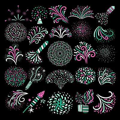Modern festive colorful various types firework icons big set on black background poster abstract isolated vector illustration